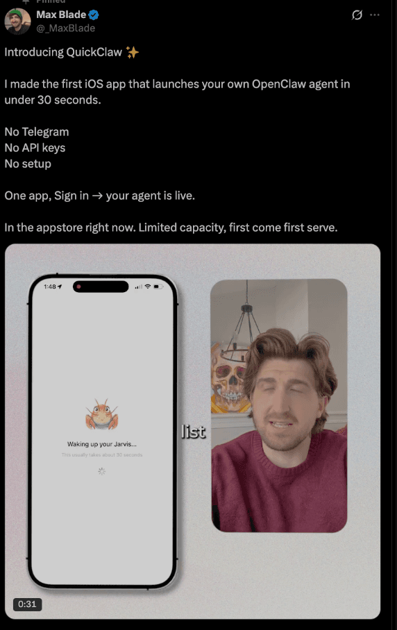 Max Blade launching QuickClaw - iOS app that deploys OpenClaw agents in 30 seconds